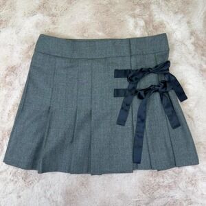 Grey pleated mini wool skirt with adjustable side wrap + real silk ribbon bows